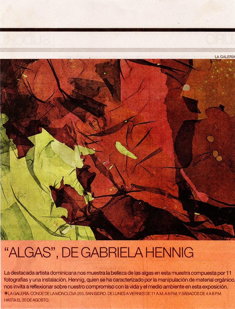 Algas de Gabriela Hennig - Nota de prensa difundida en el Diario El Comercio de Lima, Perú. 11-08-2011