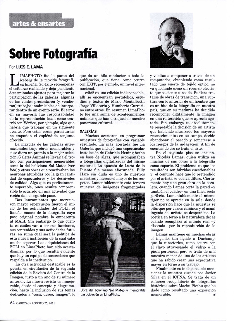 Algas y ensartes "Sobre Fotografía" - Luis Lama escribe sobre Gabriela Hennig y su Exhibición Algas en Caretas - 2011 
