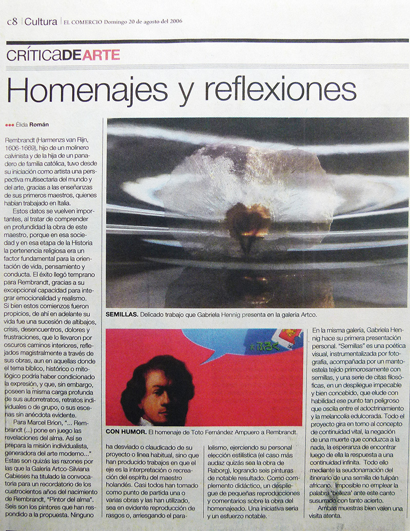 Homenajes y reflexiones - Elida Román Crítica de arte menciona la Exhibición Semillas en un artículo de El Comercio