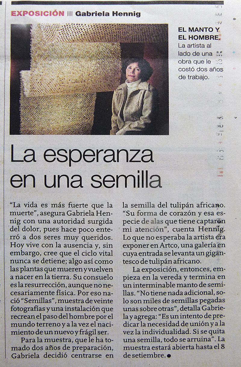 La esperanza en una semilla - Artículo de El Comercio con ocasión de la Exhibición Semillas de Gabriela Hennig
