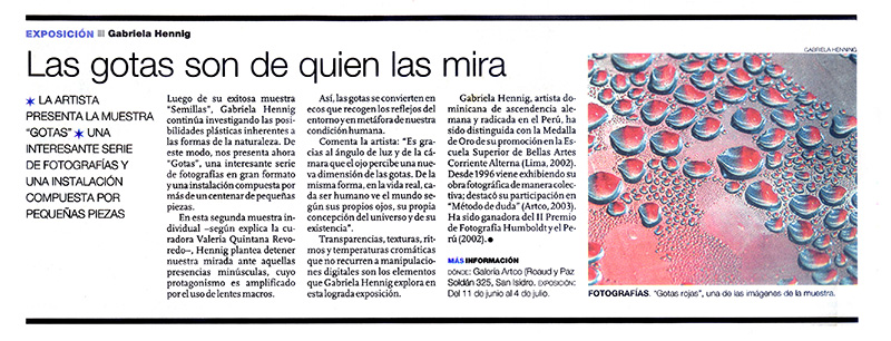 Las gotas son de quien las mira - Artículo del Diario El Comercio sobre la Exhibición Gotas de Gabriela Hennig